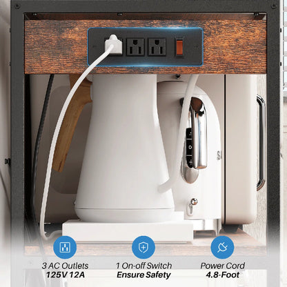 Kitchen Rack: 5-Tier Large Bakers Rack with Power Outlets, Coffee Bar Station Table, Microwave Oven Stand, and 10 S-Shaped Hooks in a Rustic Brown Baker