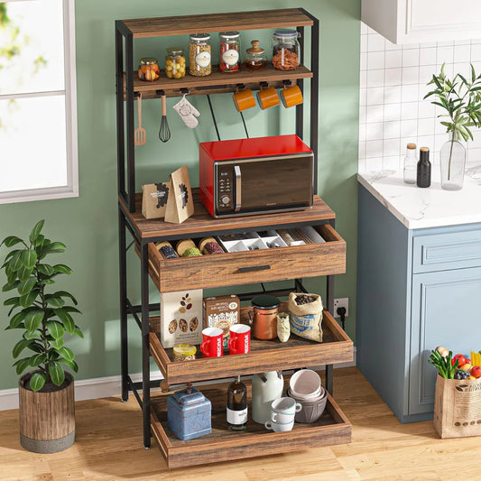 Kitchen Rack: 5-Tier Microwave Oven Stand with Drawer and Sliding Shelves