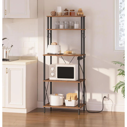 Kitchen Rack: 5-Tier Microwave Stand, Coffee Bar with S-Shaped Hooks