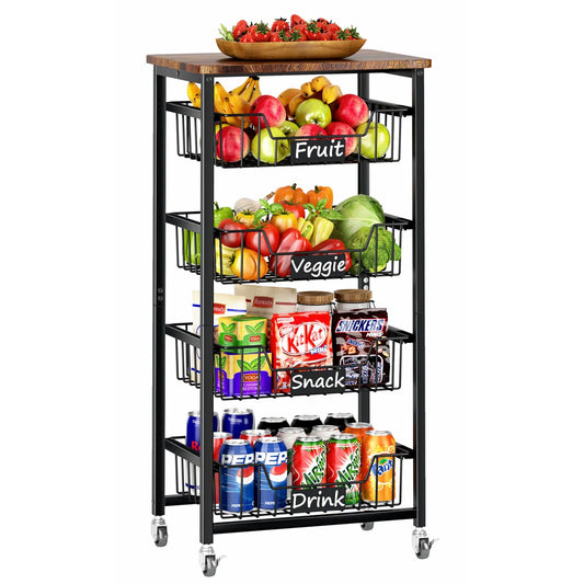 Kitchen Rack: 5-Tier Utility Kitchen Organizer and Storage Cart with Pull-Out Baskets and Wood Top