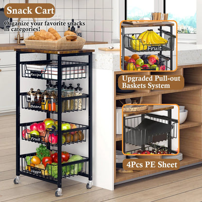Kitchen Rack: 5-Tier Utility Kitchen Organizer and Storage Cart with Pull-Out Baskets and Wood Top