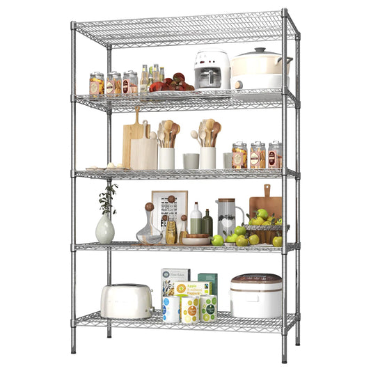 Kitchen Rack: 5-Tier Wheel Metal Wire Shelving Unit with Durable, Adjustable, and Heavy-Duty