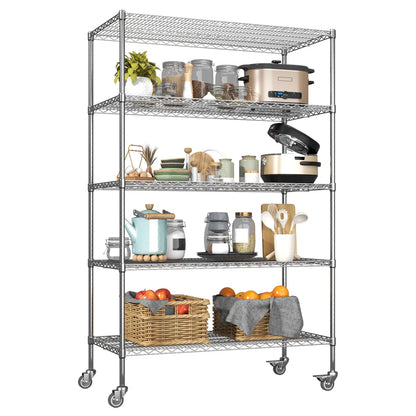 Kitchen Rack: 5-Tier Wheel Metal Wire Shelving Unit with Durable, Adjustable, and Heavy-Duty