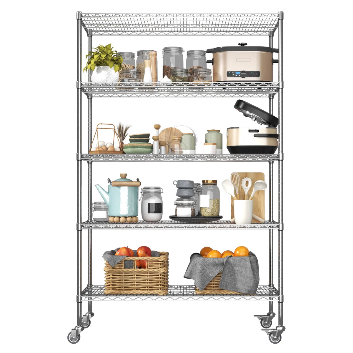 Kitchen Rack: 5-Tier Wheel Metal Wire Shelving Unit with Durable, Adjustable, and Heavy-Duty