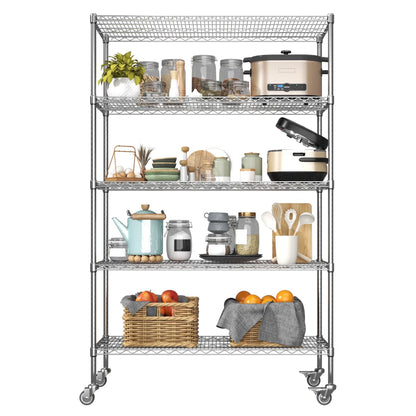 Kitchen Rack: 5-Tier Wheel Metal Wire Shelving Unit with Durable, Adjustable, and Heavy-Duty