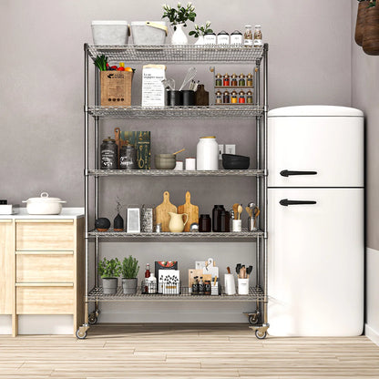 Kitchen Rack: 5-Tier Wheel Metal Wire Shelving Unit with Durable, Adjustable, and Heavy-Duty