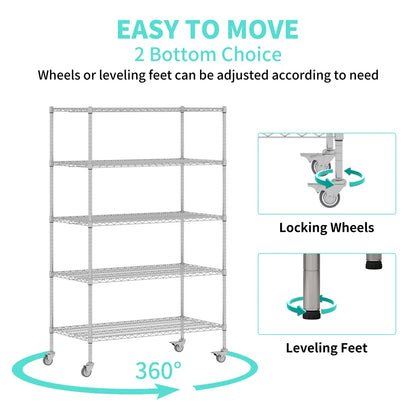 Kitchen Rack: 5-Tier Wheel Metal Wire Shelving Unit with Durable, Adjustable, and Heavy-Duty