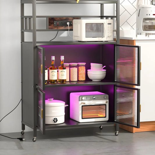 Kitchen Racks: 5-Tier Baker's Rack with Rolling Wheels and Four Hooks, Microwave Stand, Bread Rack, Coffee Stand, and Power Outlet