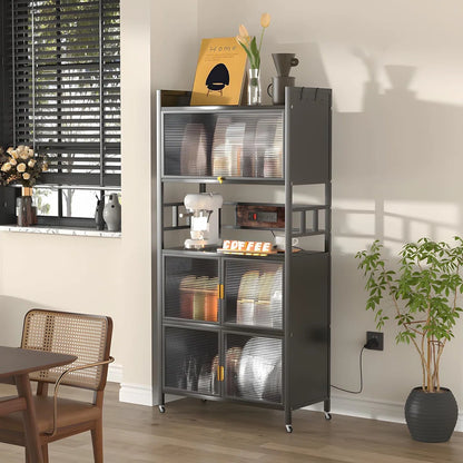 Kitchen Racks: 5-Tier Baker's Rack with Rolling Wheels and Four Hooks, Microwave Stand, Bread Rack, Coffee Stand, and Power Outlet