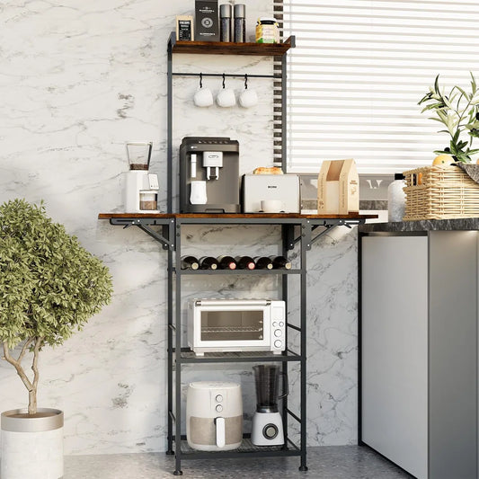 Kitchen Racks: 5-Tier Coffee Stand Station in a Corner with Two Foldable Shelves and Storage, Baker's Rack for Compact Areas