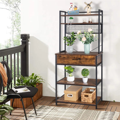 Kitchen Racks: 5-tier kitchen baker's rack with drawer, 10 hooks, and microwave stand Free Standing Kitchen Utility Cart Storage Shelf Organizer