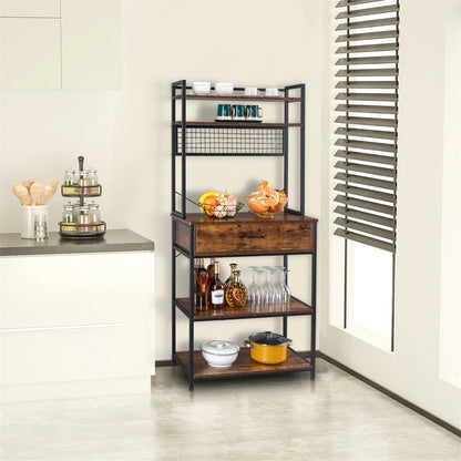 Kitchen Racks: 5-tier kitchen baker's rack with drawer, 10 hooks, and microwave stand Free Standing Kitchen Utility Cart Storage Shelf Organizer
