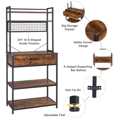 Kitchen Racks: 5-tier kitchen baker's rack with drawer, 10 hooks, and microwave stand Free Standing Kitchen Utility Cart Storage Shelf Organizer