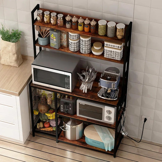 Kitchen Racks: 5-Tier An antique kitchen storage shelf featuring baskets and a power outlet, complete with a microwave stand rack and hooks