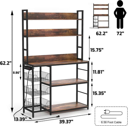 Kitchen Racks: 5-Tier An antique kitchen storage shelf featuring baskets and a power outlet, complete with a microwave stand rack and hooks