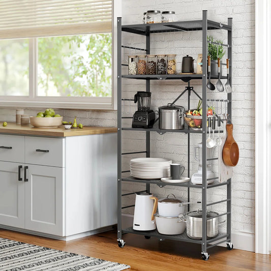 Kitchen Rack: 5-tier Collapsible Organization Storage Shelves with 20 Hooks Bookshelf Rack with Folding Pantry Shelves Cube Shelf Wire Shelving for Garage Kitchen Room