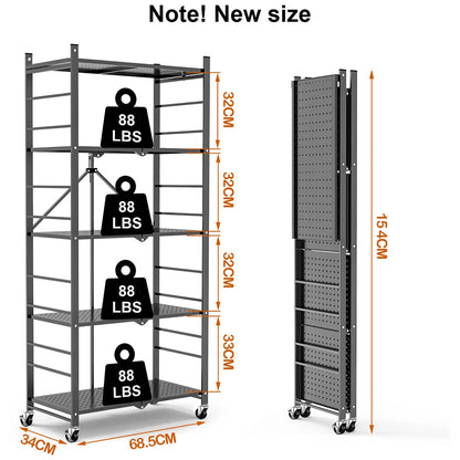 Kitchen Rack: 5-tier Collapsible Organization Storage Shelves with 20 Hooks Bookshelf Rack with Folding Pantry Shelves Cube Shelf Wire Shelving for Garage Kitchen Room