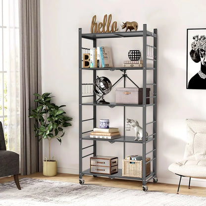Kitchen Rack: 5-tier Collapsible Organization Storage Shelves with 20 Hooks Bookshelf Rack with Folding Pantry Shelves Cube Shelf Wire Shelving for Garage Kitchen Room