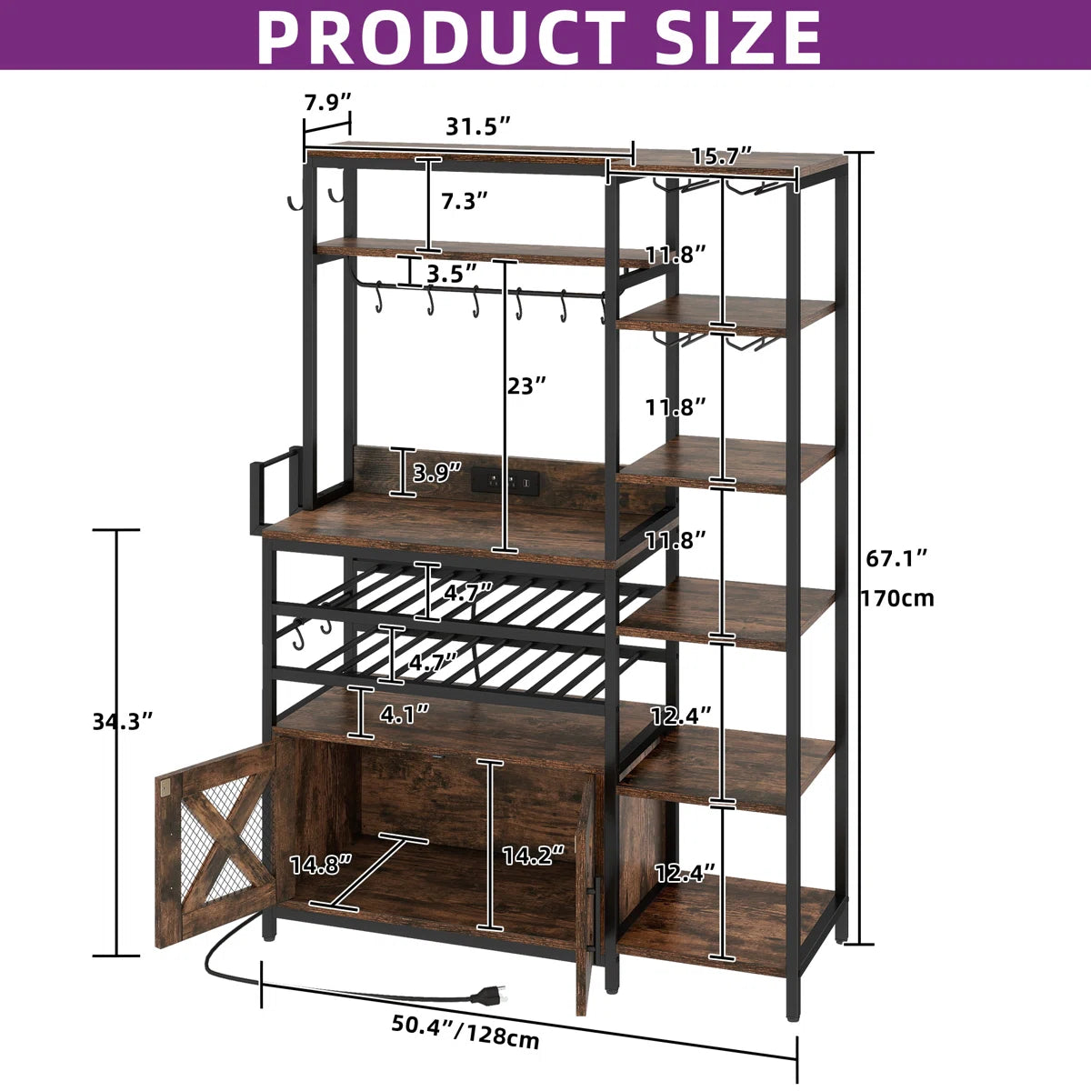 Kitchen Rack: 50.4" Baker's Rack with Power Outlet &amp; Bottle Storage