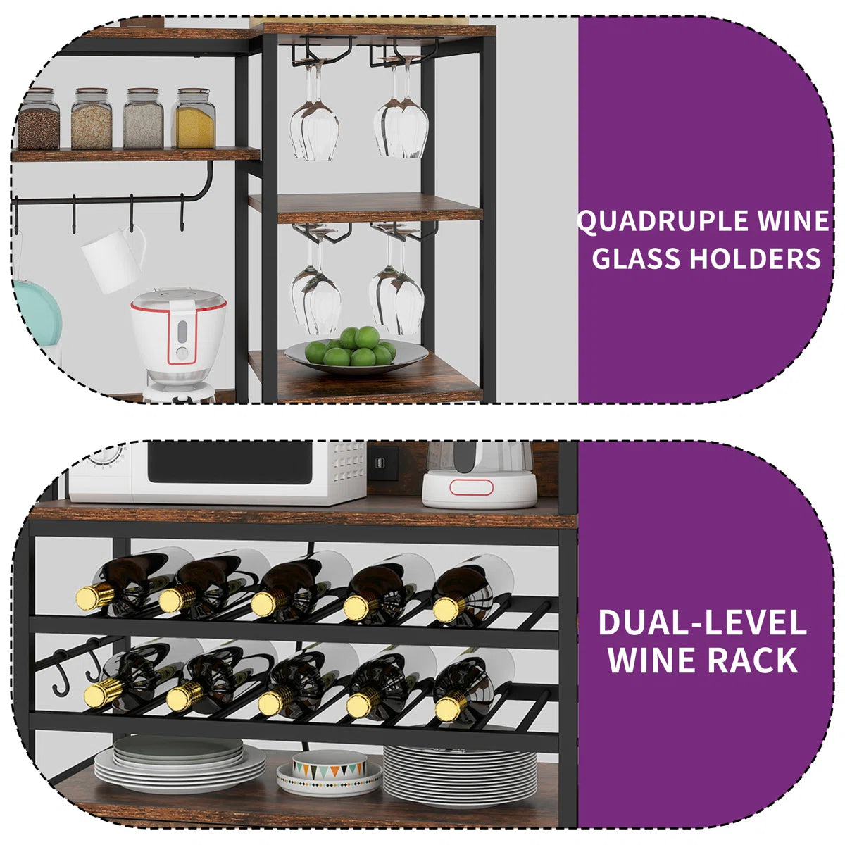 Kitchen Rack: 50.4" Baker's Rack with Power Outlet &amp; Bottle Storage