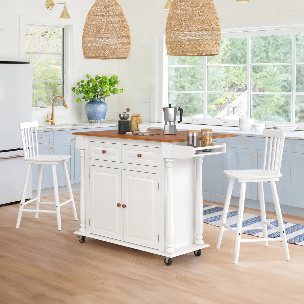 Kitchen Island Table: 50.6” Rolling Cart with Drop Leaf, Drawers, Cabinets &amp; Towel Rack