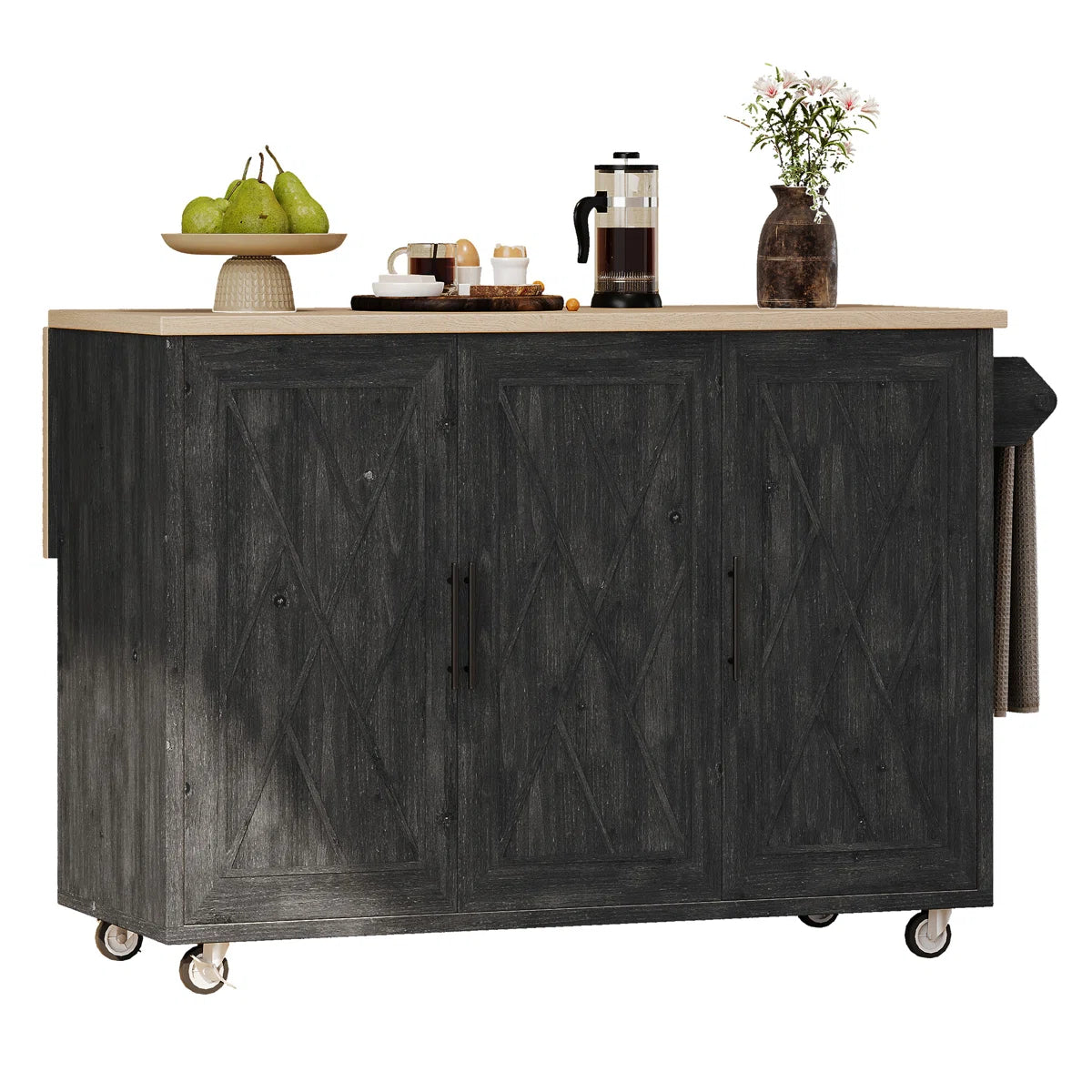 Kitchen Island Table: Farmhouse-Style Rolling Cart with Geometric Twill Stripe Design &amp; Drop Leaf