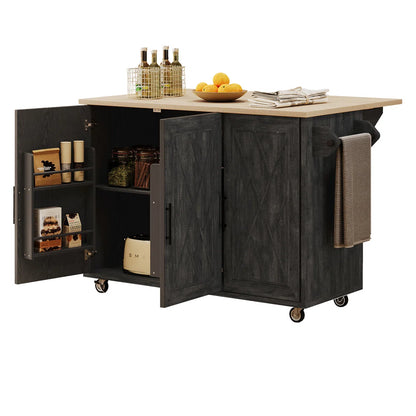 Kitchen Island Table: Farmhouse-Style Rolling Cart with Geometric Twill Stripe Design &amp; Drop Leaf