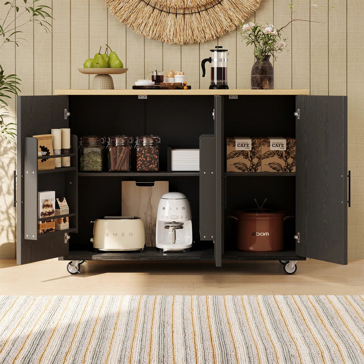 Kitchen Island Table: Farmhouse-Style Rolling Cart with Geometric Twill Stripe Design &amp; Drop Leaf