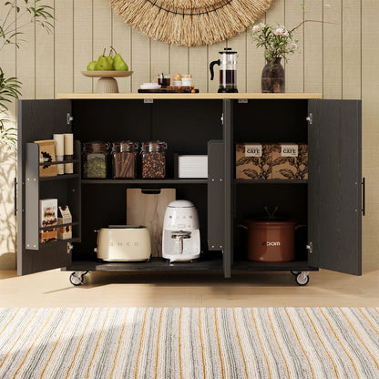 Kitchen Island Table: Farmhouse-Style Rolling Cart with Geometric Twill Stripe Design &amp; Drop Leaf
