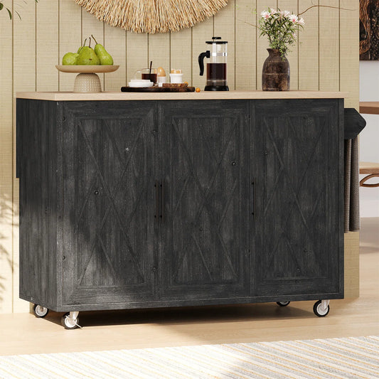 Kitchen Island Table: Farmhouse-Style Rolling Cart with Geometric Twill Stripe Design &amp; Drop Leaf