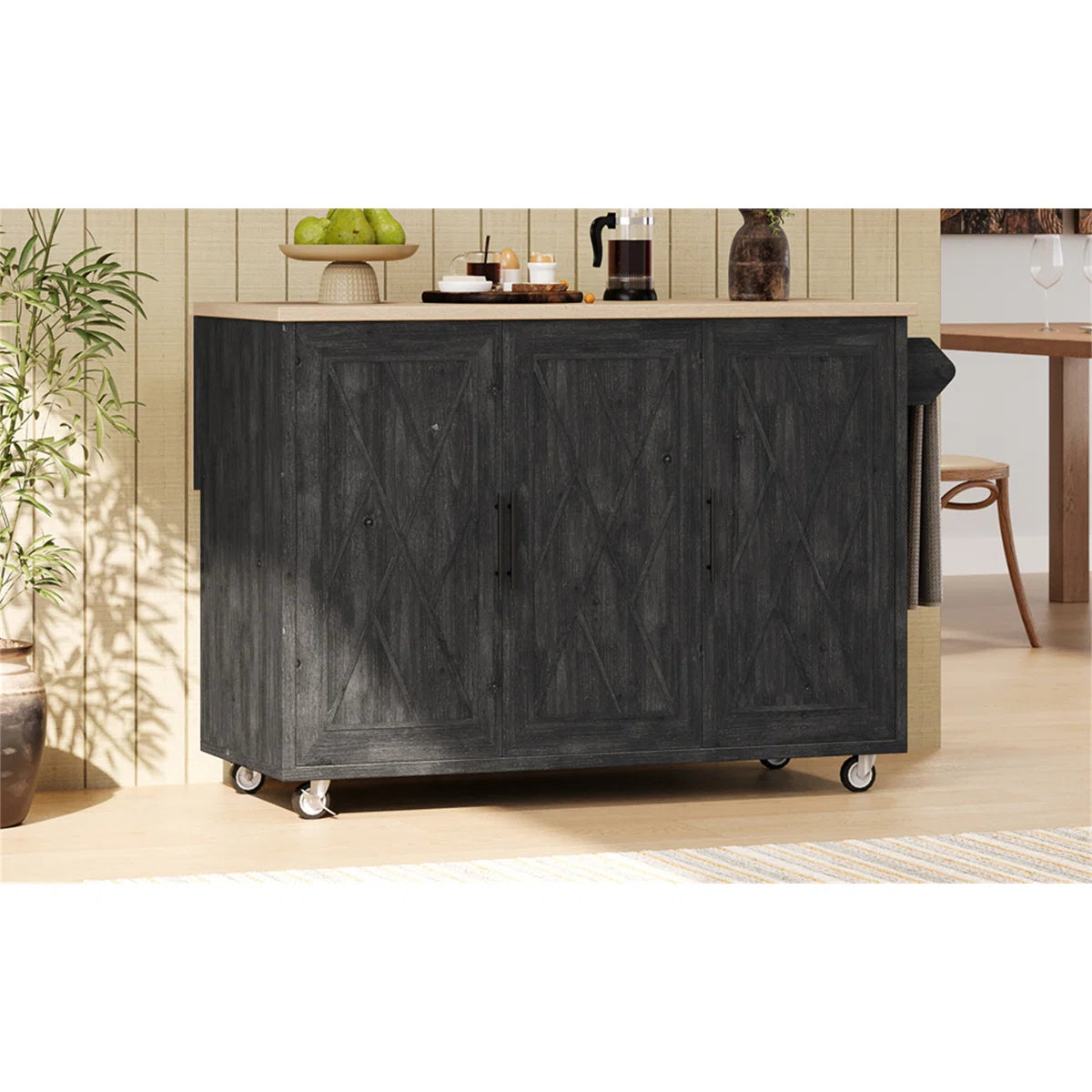 Kitchen Island Table: Farmhouse-Style Rolling Cart with Geometric Twill Stripe Design &amp; Drop Leaf
