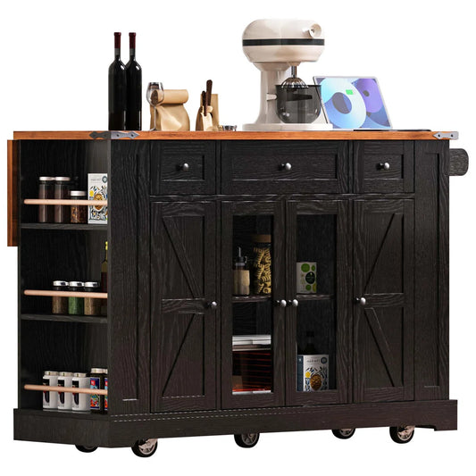 Kitchen Island Table: 53” wide Rolling Cart with Drop Leaf, Power Outlet &amp; Glass Cabinet Doors