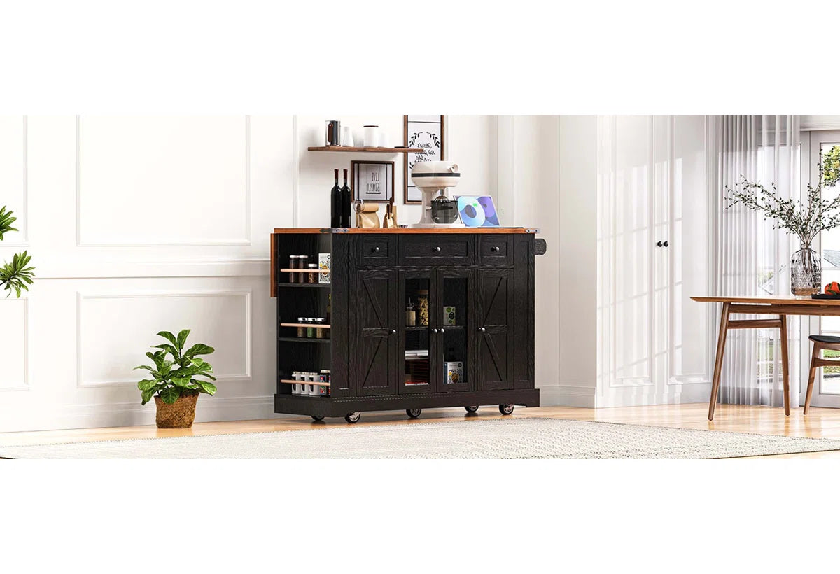 Kitchen Island Table: 53” wide Rolling Cart with Drop Leaf, Power Outlet &amp; Glass Cabinet Doors