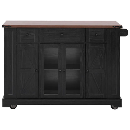 Kitchen Island Table: 53” wide Rolling Cart with Drop Leaf, Power Outlet &amp; Glass Cabinet Doors