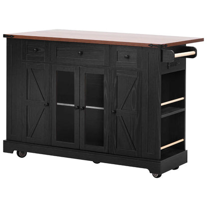 Kitchen Island Table: 53” wide Rolling Cart with Drop Leaf, Power Outlet &amp; Glass Cabinet Doors