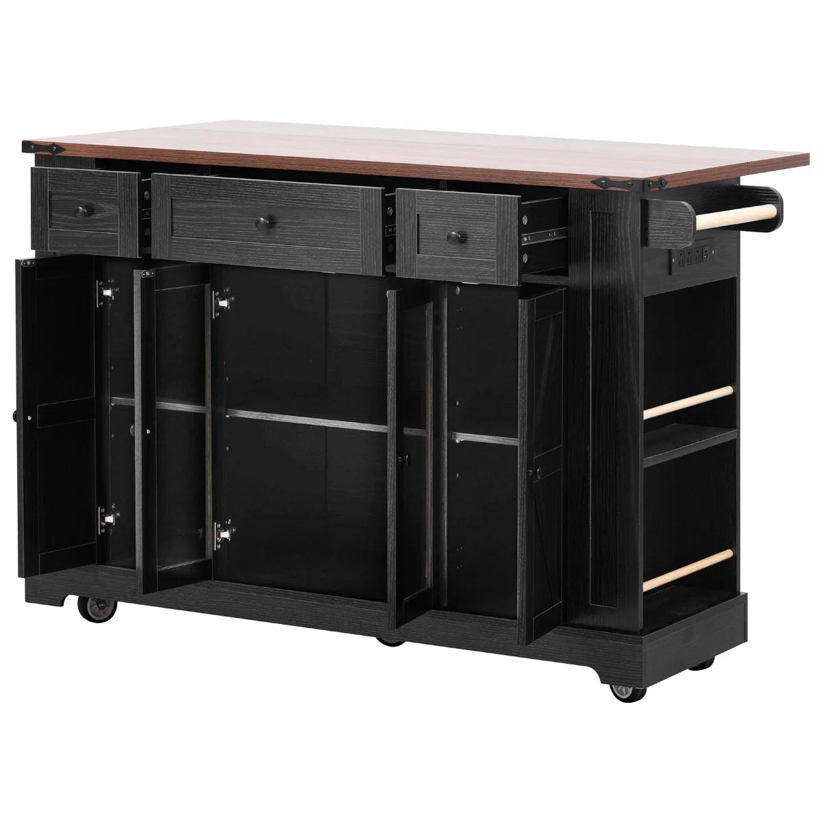 Kitchen Island Table: 53” wide Rolling Cart with Drop Leaf, Power Outlet &amp; Glass Cabinet Doors
