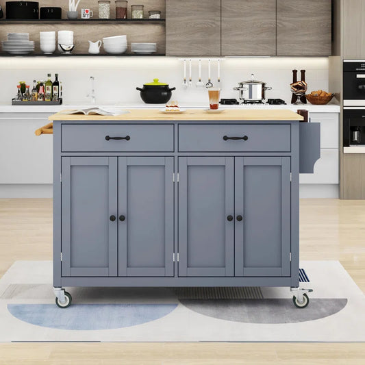 Kitchen Island Table: 54-Inch Wide Multi-Storage Cart with Rubberwood Top