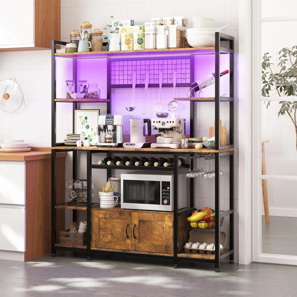 Microwave Stands: 55" Baker’s Rack with Power Outlet & LED Light – Kitchen Microwave Stand with Storage Shelves