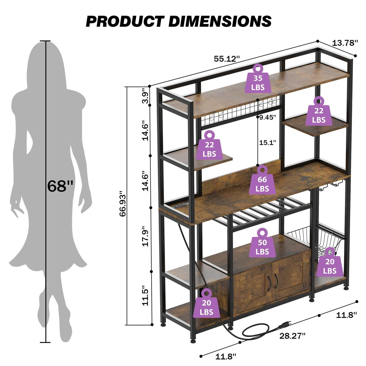 Microwave Stands: 55" Baker’s Rack with Power Outlet & LED Light – Kitchen Microwave Stand with Storage Shelves
