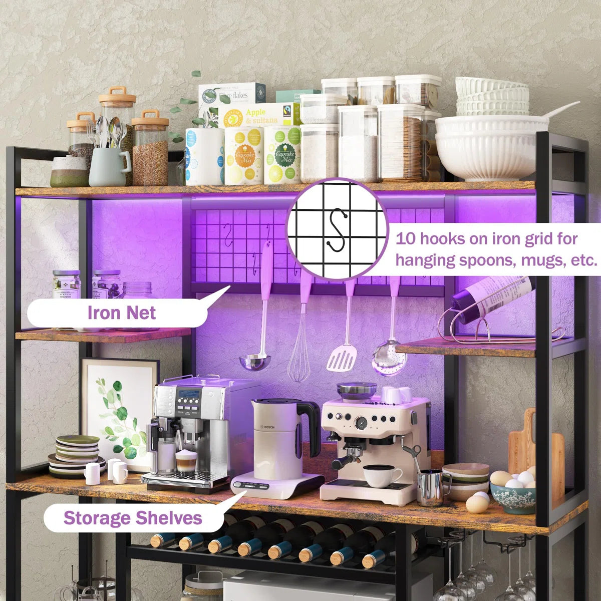 Microwave Stands: 55" Baker’s Rack with Power Outlet & LED Light – Kitchen Microwave Stand with Storage Shelves