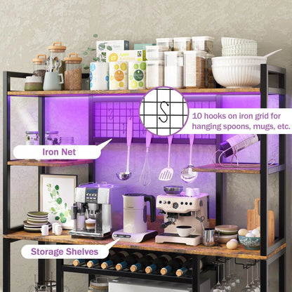 Microwave Stands: 55" Baker’s Rack with Power Outlet & LED Light – Kitchen Microwave Stand with Storage Shelves