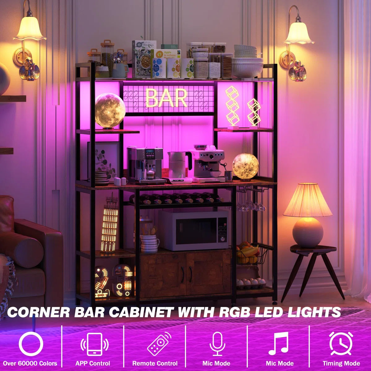 Microwave Stands: 55" Baker’s Rack with Power Outlet & LED Light – Kitchen Microwave Stand with Storage Shelves