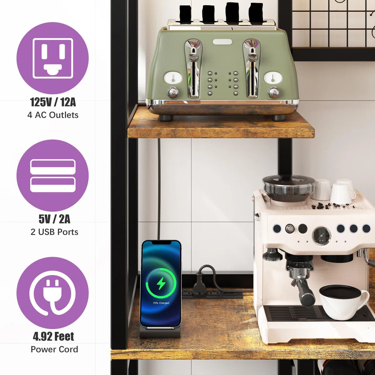 Microwave Stands: 55" Baker’s Rack with Power Outlet & LED Light – Kitchen Microwave Stand with Storage Shelves