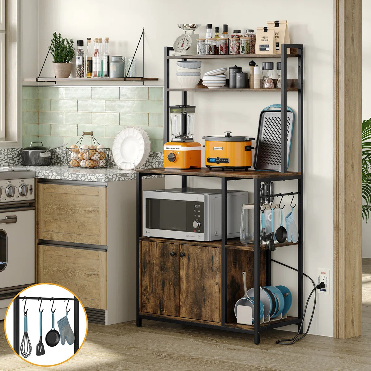 Kitchen Rack: 58'' Kitchen Pantry Cabinets with Microwave and Power Outlet Compatibility