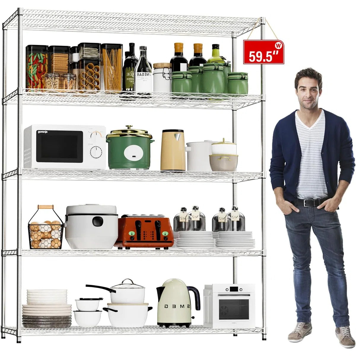 Kitchen Rack: 59.45'' W Steel Shelving Unit with Wheels