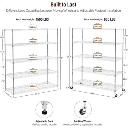 Kitchen Rack: 59.45'' W Steel Shelving Unit with Wheels