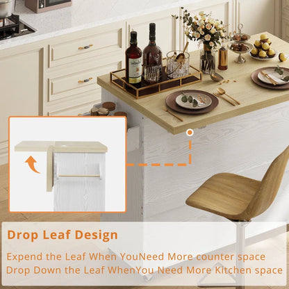 Kitchen Island Table: 59.4’’ Drop Leaf Kitchen Cart with Power Strip & Storage Drawers