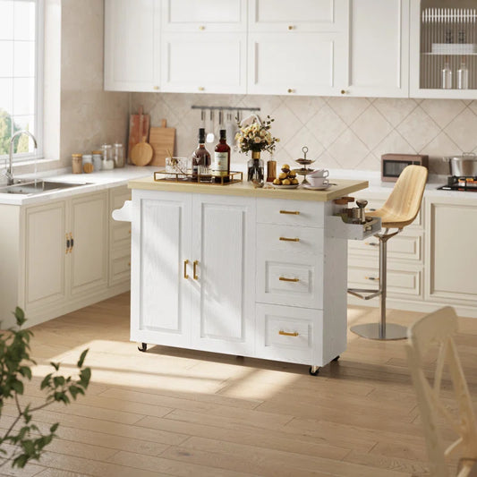 Kitchen Island Table: 59.4’’ Drop Leaf Kitchen Cart with Power Strip & Storage Drawers