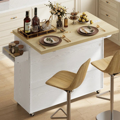 Kitchen Island Table: 59.4’’ Drop Leaf Kitchen Cart with Power Strip & Storage Drawers