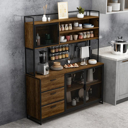 Kitchen Rack: 59'' Wide Steel Wood Kitchen Pantry Cabinet with 3 Drawers